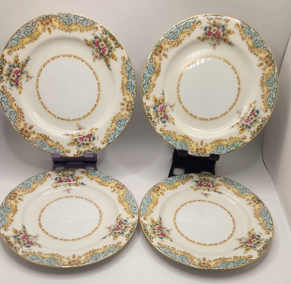Vintage Sango SAN2 Occupied Japan China 4 Pc Service of 4 Turquoise Gold Floral